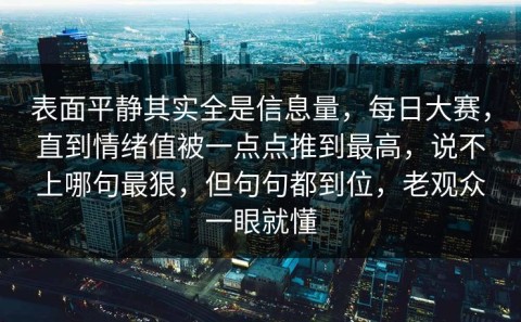 表面平静其实全是信息量，每日大赛，直到情绪值被一点点推到最高，说不上哪句最狠，但句句都到位，老观众一眼就懂
